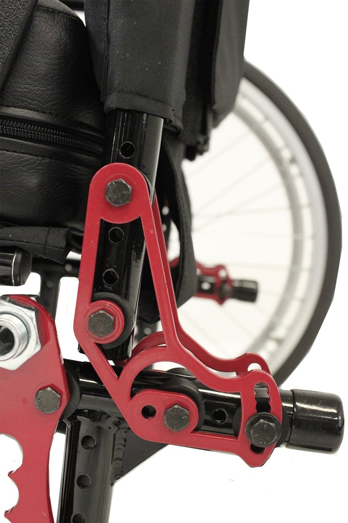 Optional angle-adjustable back bracket in red at the base of the back cane