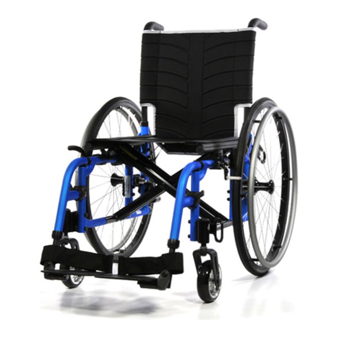 Quickie 2 with a bright blue frame and black upholstery, seen from the front left