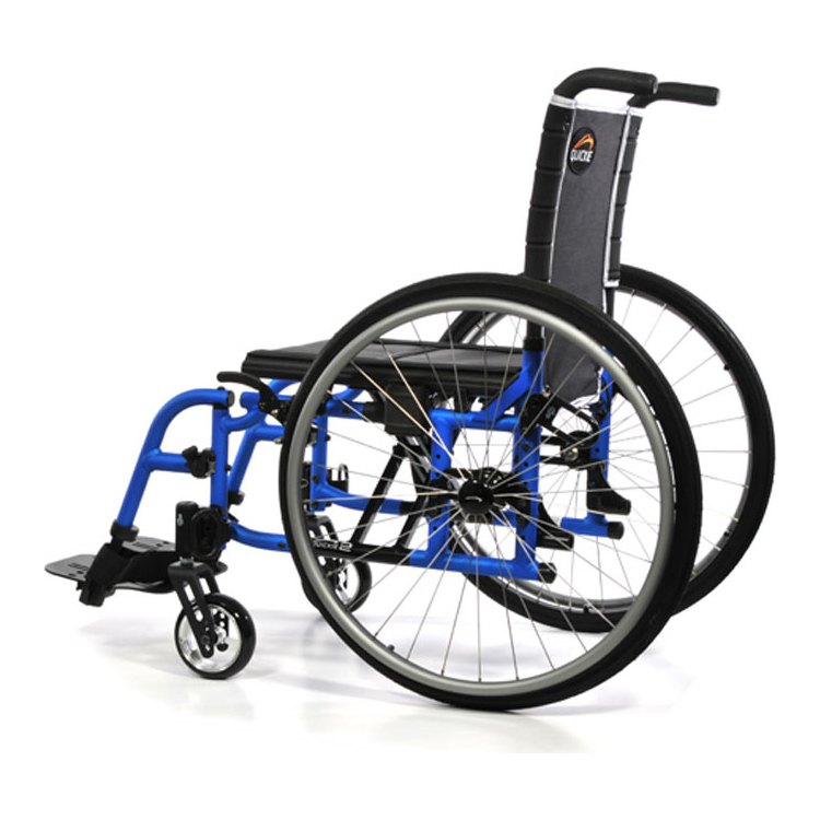 Side view of a blue Quickie 2 showing the axle plate, push handles and swing-away footrest