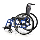 Side view of a blue Quickie 2 showing the axle plate, push handles and swing-away footrest