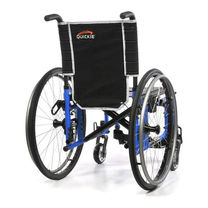 Rear view of a blue Quickie 2 with its back upholstery, push handles and black cross brace