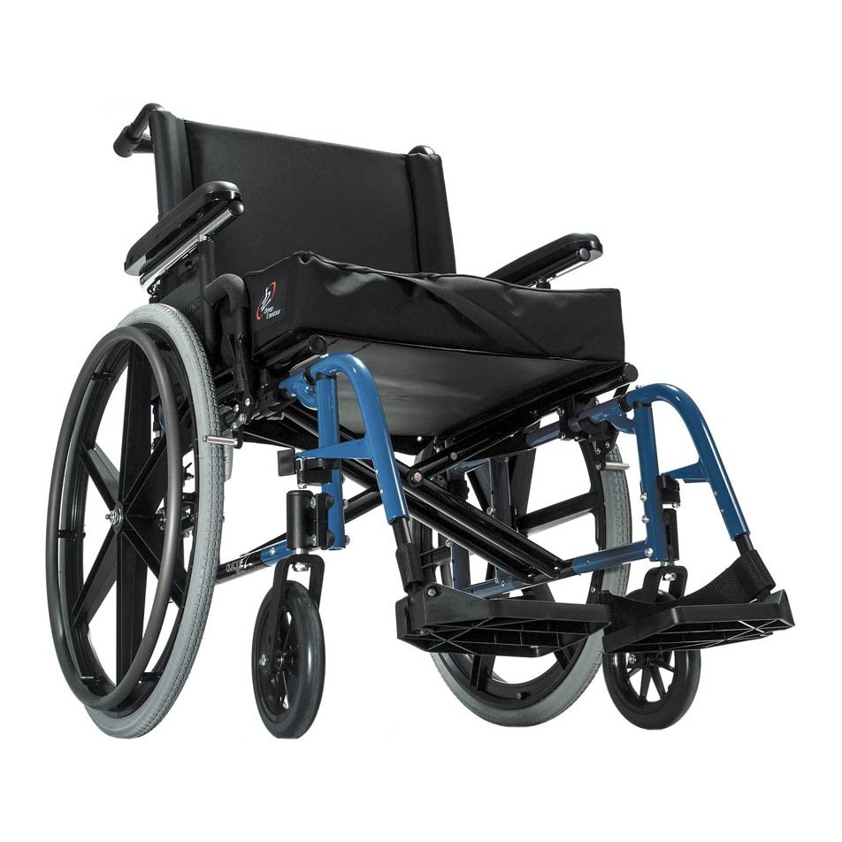 Blue Quickie 2 with the Heavy Duty package, padded armrests, mag rear wheels and a seat cushion