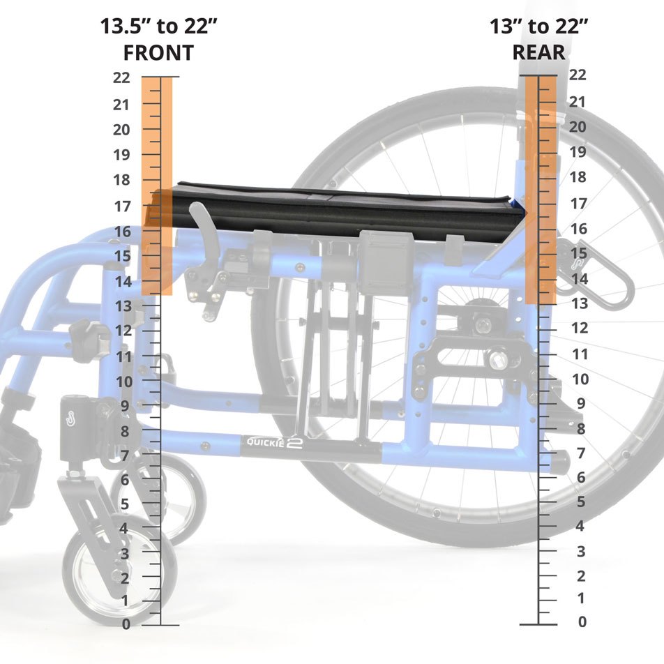 Diagram of Quickie 2 seat heights: 13.5 to 22 inches at the front and 13 to 22 inches at the rear