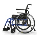 Side view of the blue QXi with swing-in/swing-out footrest, rear anti-tip tube and armrest
