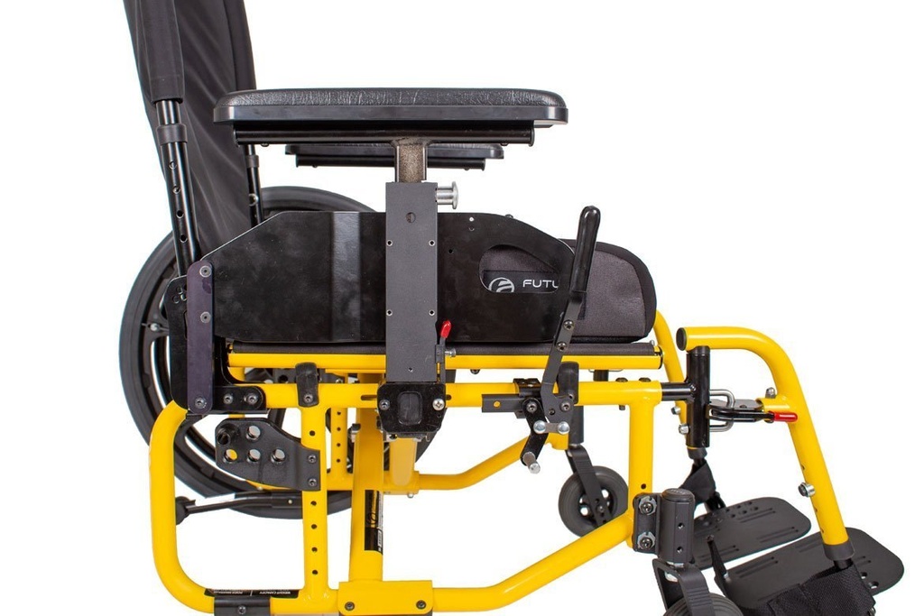Side detail of the yellow frame: T-style armrest post, wheel lock lever, holed axle plate and caster housing