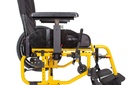Side detail of the yellow frame: T-style armrest post, wheel lock lever, holed axle plate and caster housing