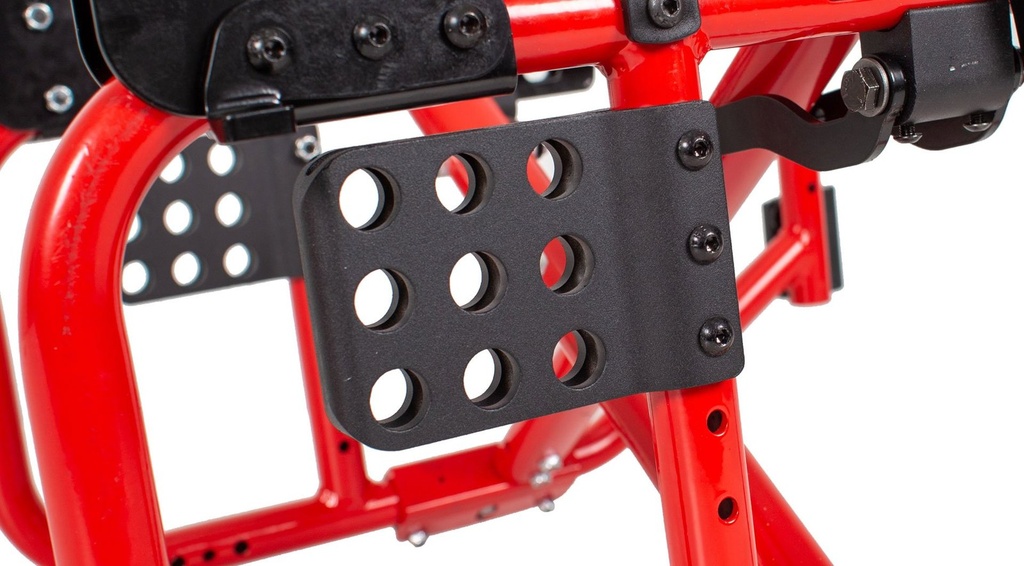 Close-up of the holed rear axle plate on a Fire Red frame, used to set the rear wheel and seat height