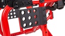 Close-up of the holed rear axle plate on a Fire Red frame, used to set the rear wheel and seat height