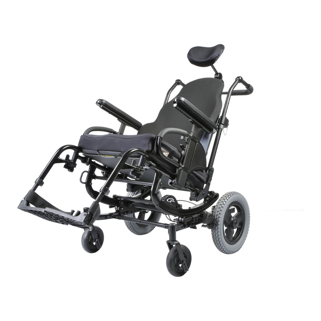 Black-framed SR45 seen from its other front corner, with armrests, cushion, headrest and footplates