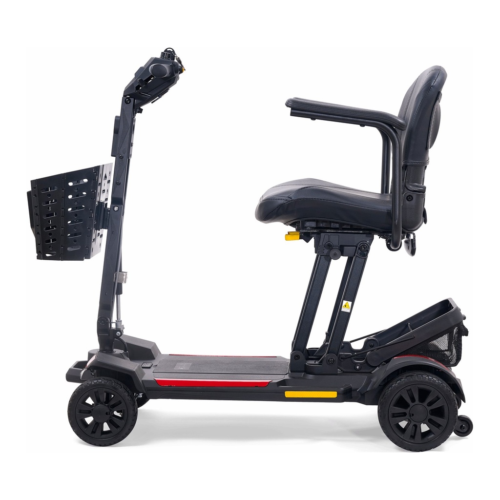 Side view of the CarryOn assembled, with the tiller and front basket at left and the seat at right