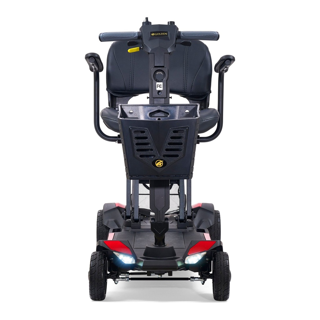 Front view of the CarryOn with both LED headlights on below the front basket