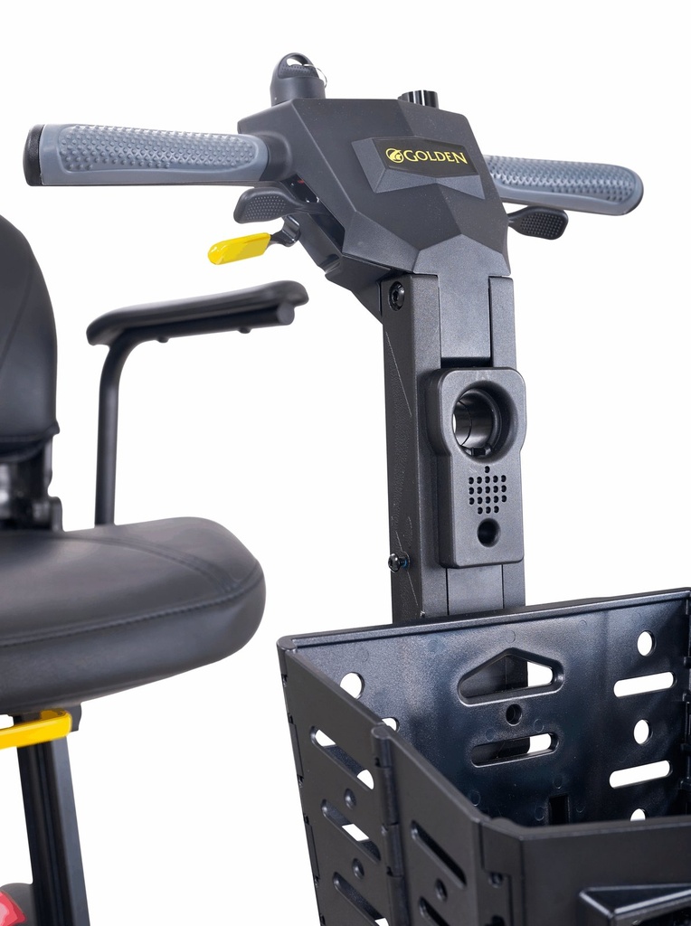 Tiller handlebar with grey grips, the key switch and the yellow angle lever above the basket