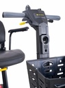 Tiller handlebar with grey grips, the key switch and the yellow angle lever above the basket