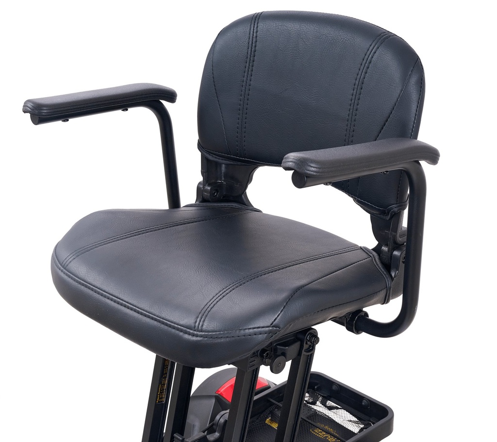 Contoured black vinyl seat with padded armrests on the folding seat post