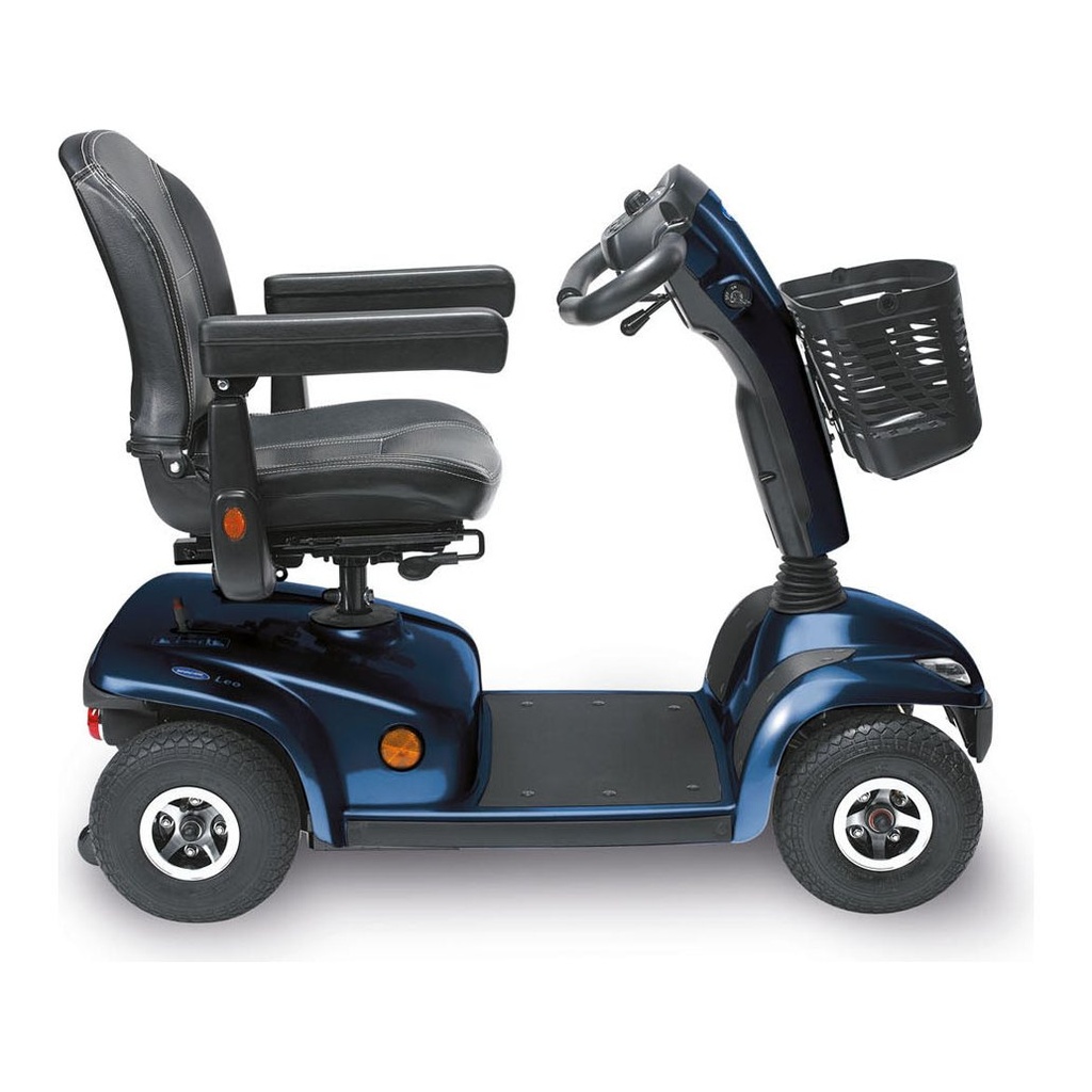Side view of the Leo in Onyx Blue: flat deck, 10 inch air-filled tires and the angled tiller with basket