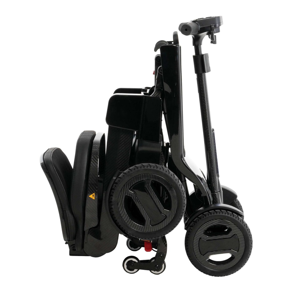 Side view of the Go-Go Carbon folded, with the seat back down and the small wheels it rolls on