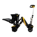 Yellow Transformer partway through folding, with the seat folded flat and the frame closing