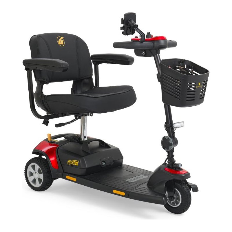 Three-quarter view of the red Buzzaround XL, seat facing the delta tiller and basket