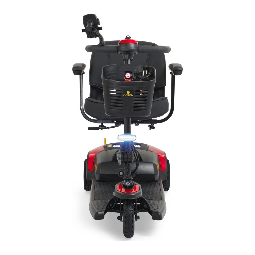 Front view of the Buzzaround XL with its LED headlight lit and the single front wheel