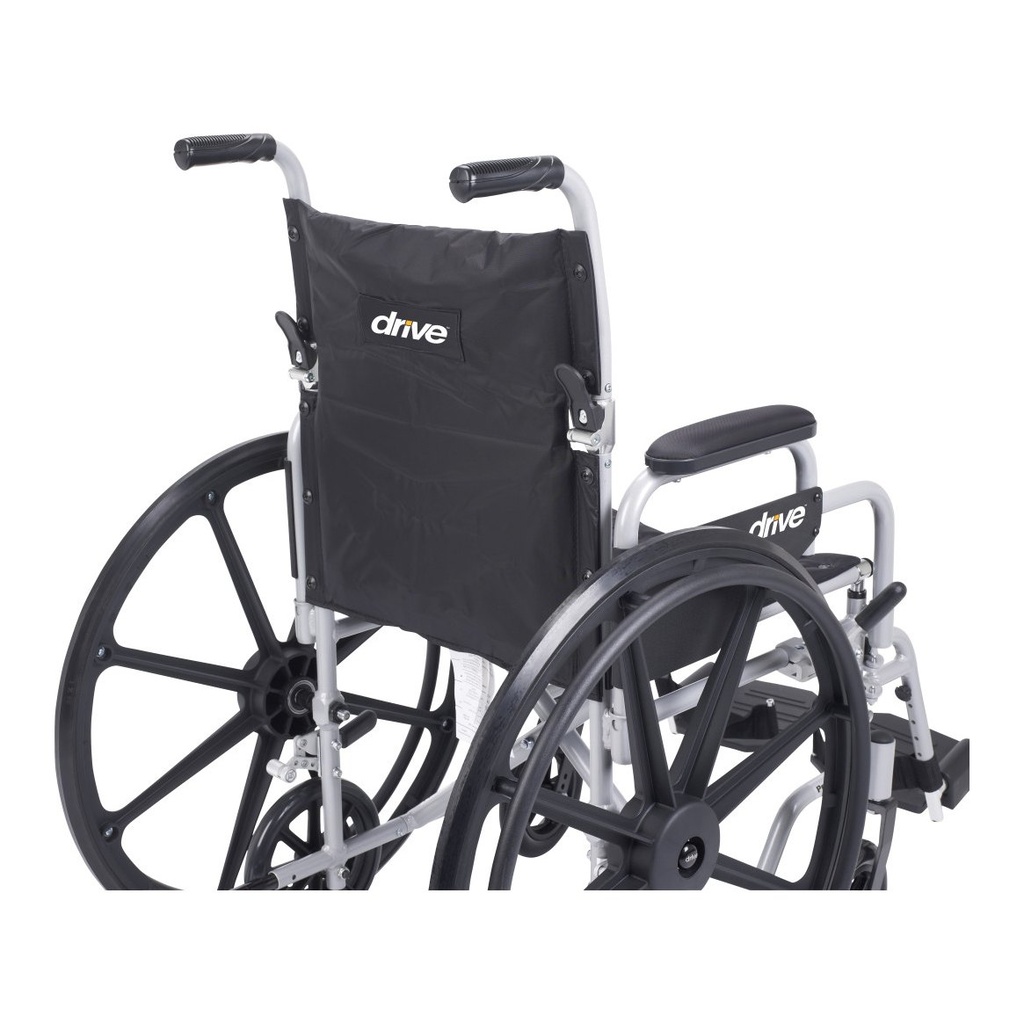 Rear view showing the back upholstery, both push handles, a desk armrest and the large rear wheels