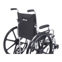 Rear view showing the back upholstery, both push handles, a desk armrest and the large rear wheels