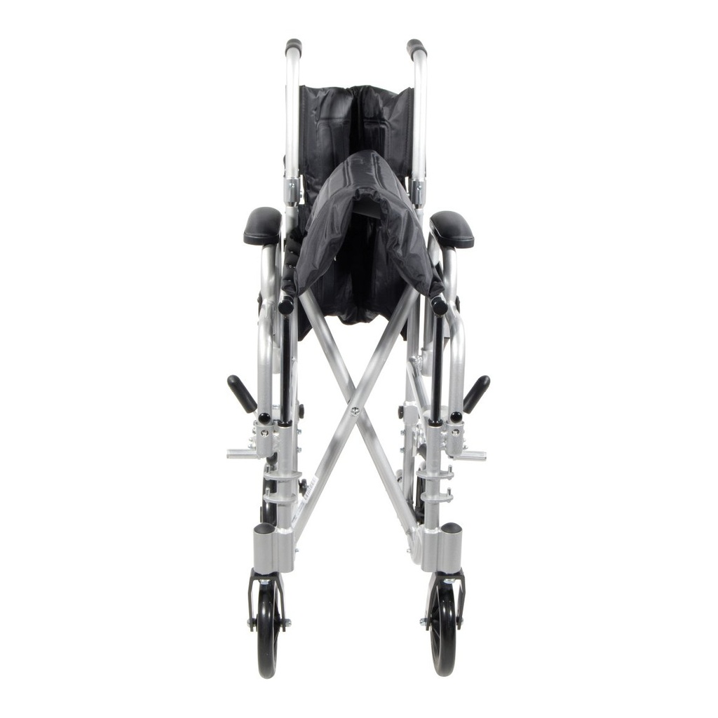 Front view of the chair folded side to side with the 24 inch wheels and footrests removed