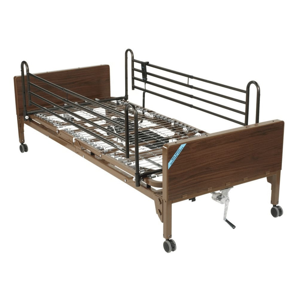 Example hospital bed frame with full-length rails, a wire deck and a hand crank at the foot