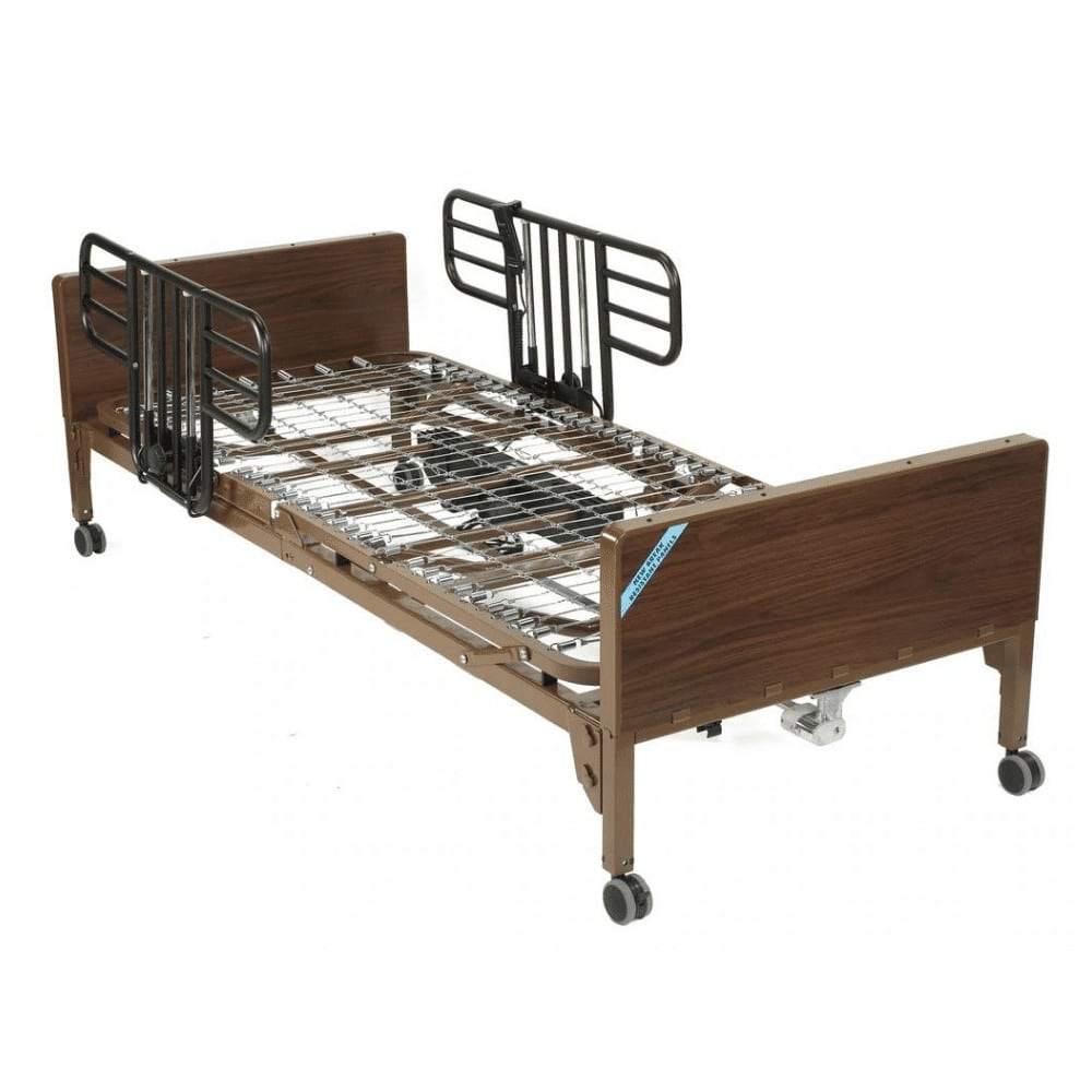 Example hospital bed frame with half rails at the head end and a wire spring deck