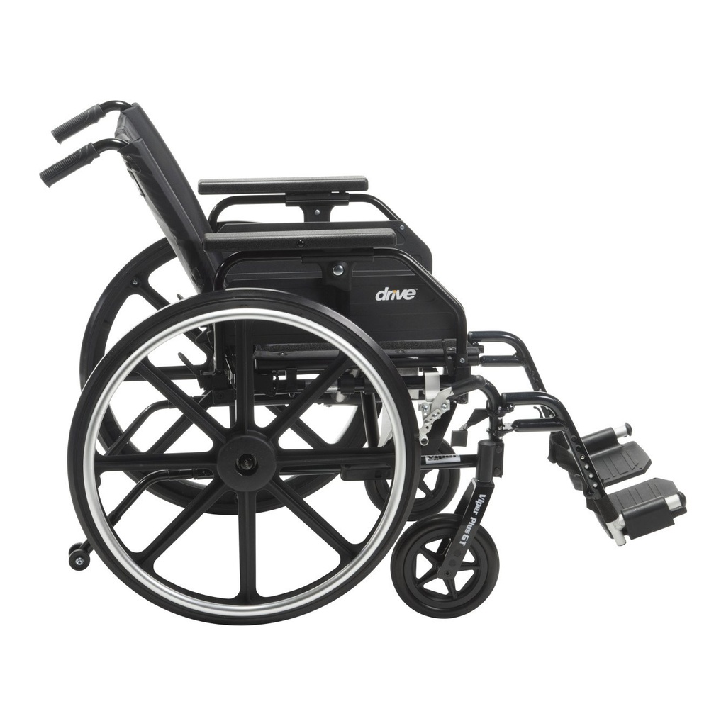 Side view of the swing-away footrest version, showing the 24 inch rear wheel, hand rim and anti-tipper