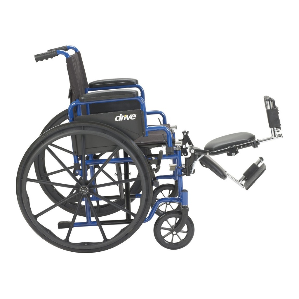 Side view of a Drive Blue Streak wheelchair (sold separately) with one legrest raised level and the other lowered