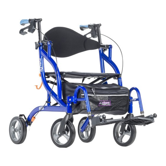 Blue Airgo Fusion with a footrest forward, backrest up and basket
