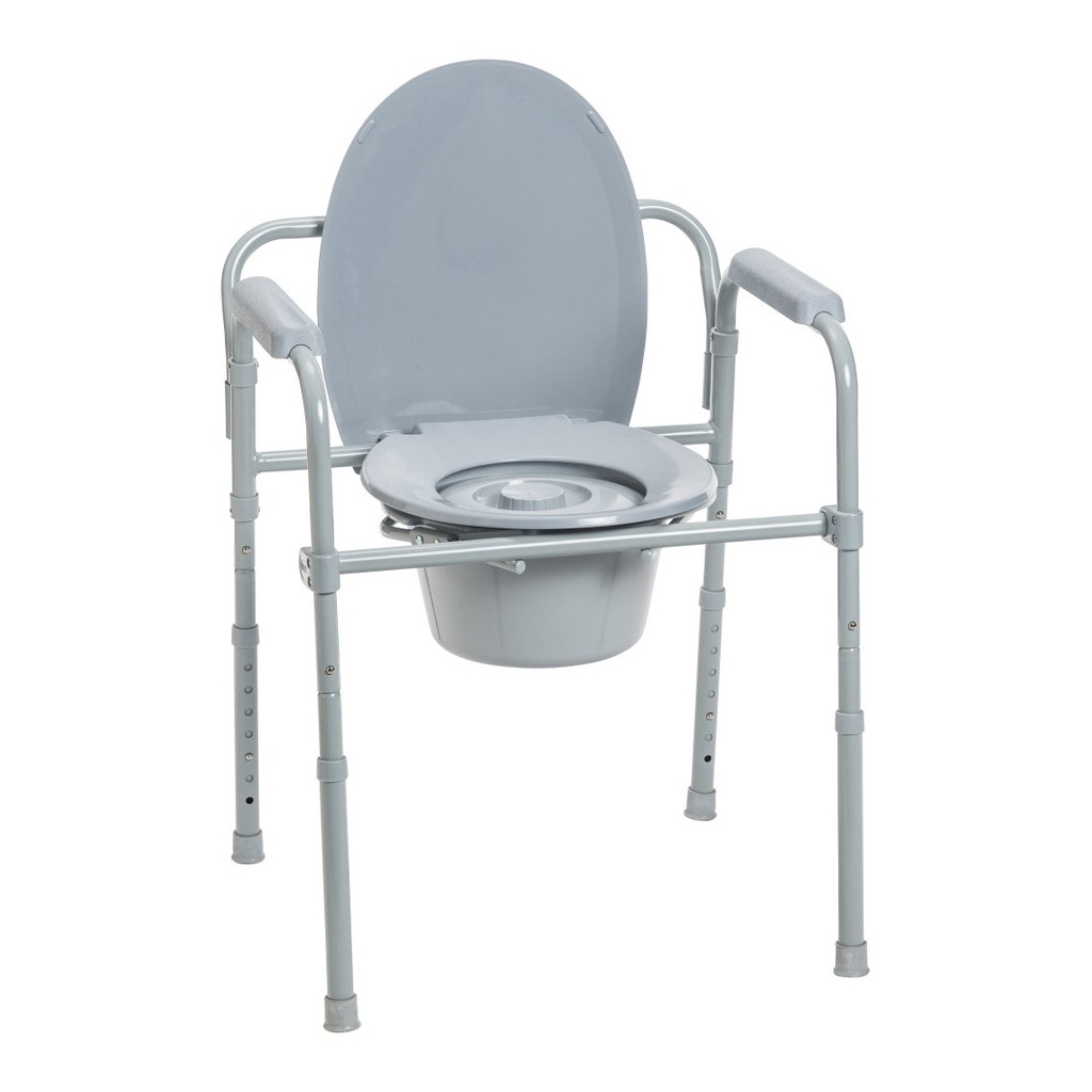 Lid raised on the grey folding steel commode, showing the round seat opening and pail