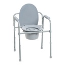 Lid raised on the grey folding steel commode, showing the round seat opening and pail