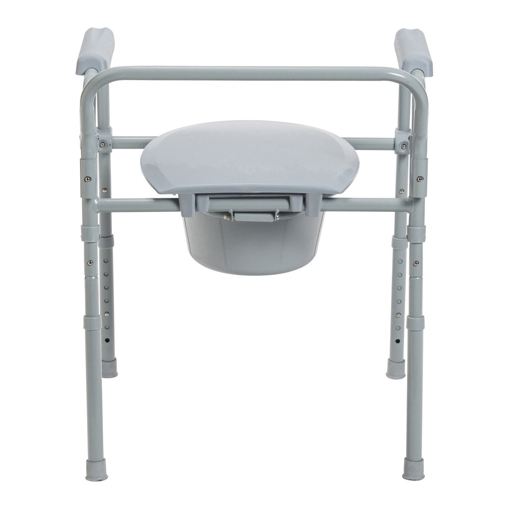 Rear view of the steel frame, back bar and pail on the folding commode