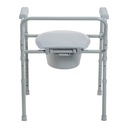 Rear view of the steel frame, back bar and pail on the folding commode