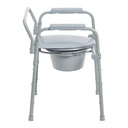 Side view with the back bar, grey plastic armrests and the pail under the seat