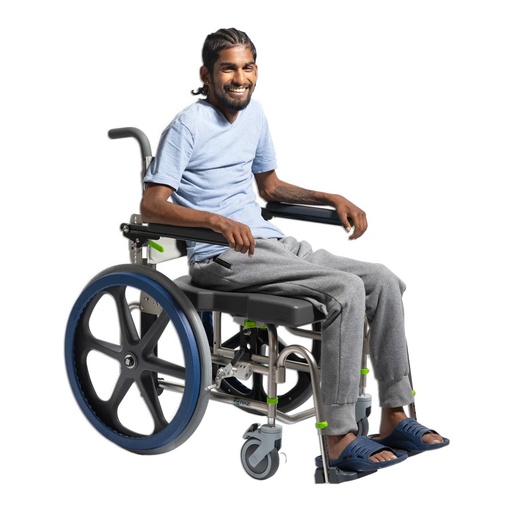 Self-propelled shower commode with large rear wheels, a seated user, and a front caster