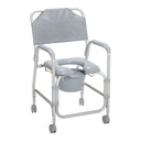 Grey open-front seat on a silver aluminum frame, with a bucket underneath