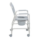 Side view of a grey shower commode, a fabric back, and four small casters
