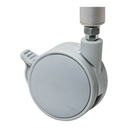 Grey caster with a lock tab on a silver chair leg