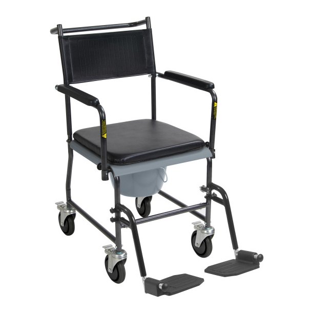 Black padded seat and a vinyl back, with both footrests set beside the frame