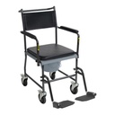 Black padded seat and a vinyl back, with both footrests set beside the frame