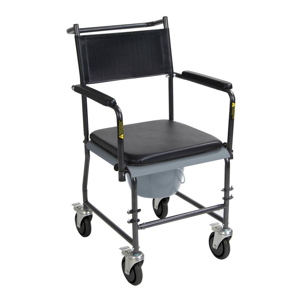 Front view of the black seat, drop arms, and four casters with the footrests off