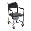 Front view of the black seat, drop arms, and four casters with the footrests off