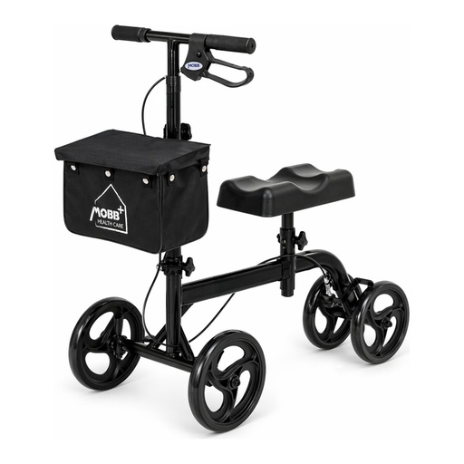 The MOBB knee walker from the other side, with the front basket lid closed and its logo showing