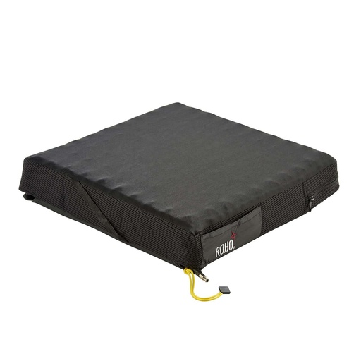 Cushion in its standard stretch cover with mesh sides, the valve and yellow rope at the front corner