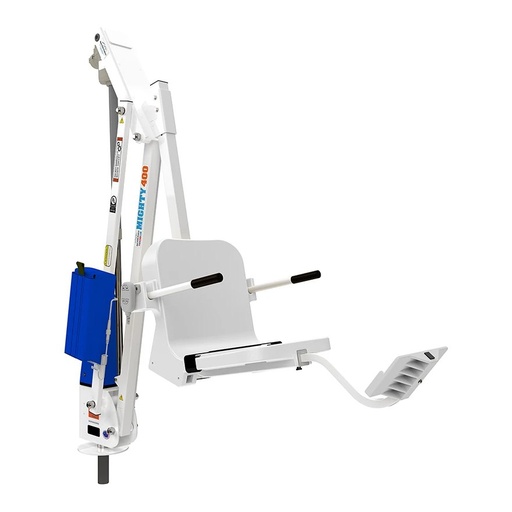 Mighty 400 pool lift alone on a white background, blue seat and blue battery cover