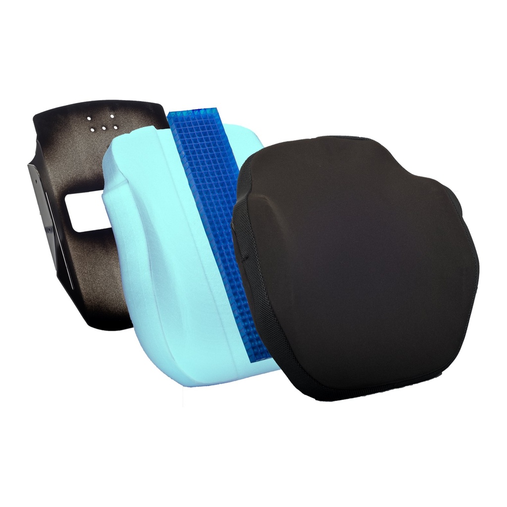 Exploded view of the Silverback Prime: aluminum shell, foam, the blue gel spinal strip and cover