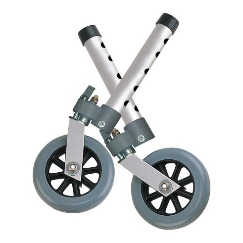 Pair of 5 inch Drive swivel-lock walker wheels with their adjustment legs