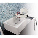 Sliding bench spanning a white tub, two legs inside and two on the floor